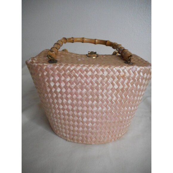 Vintage light pink Bamboo Handled Woven Lined Handbag Purse Estate Find - Picture 7 of 13